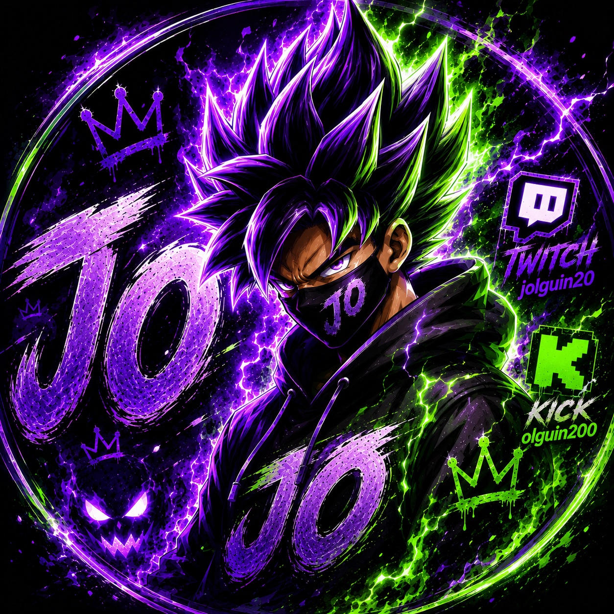 Avatar de Jolguin20 en morado y verde con los logos de Twitch y Kick