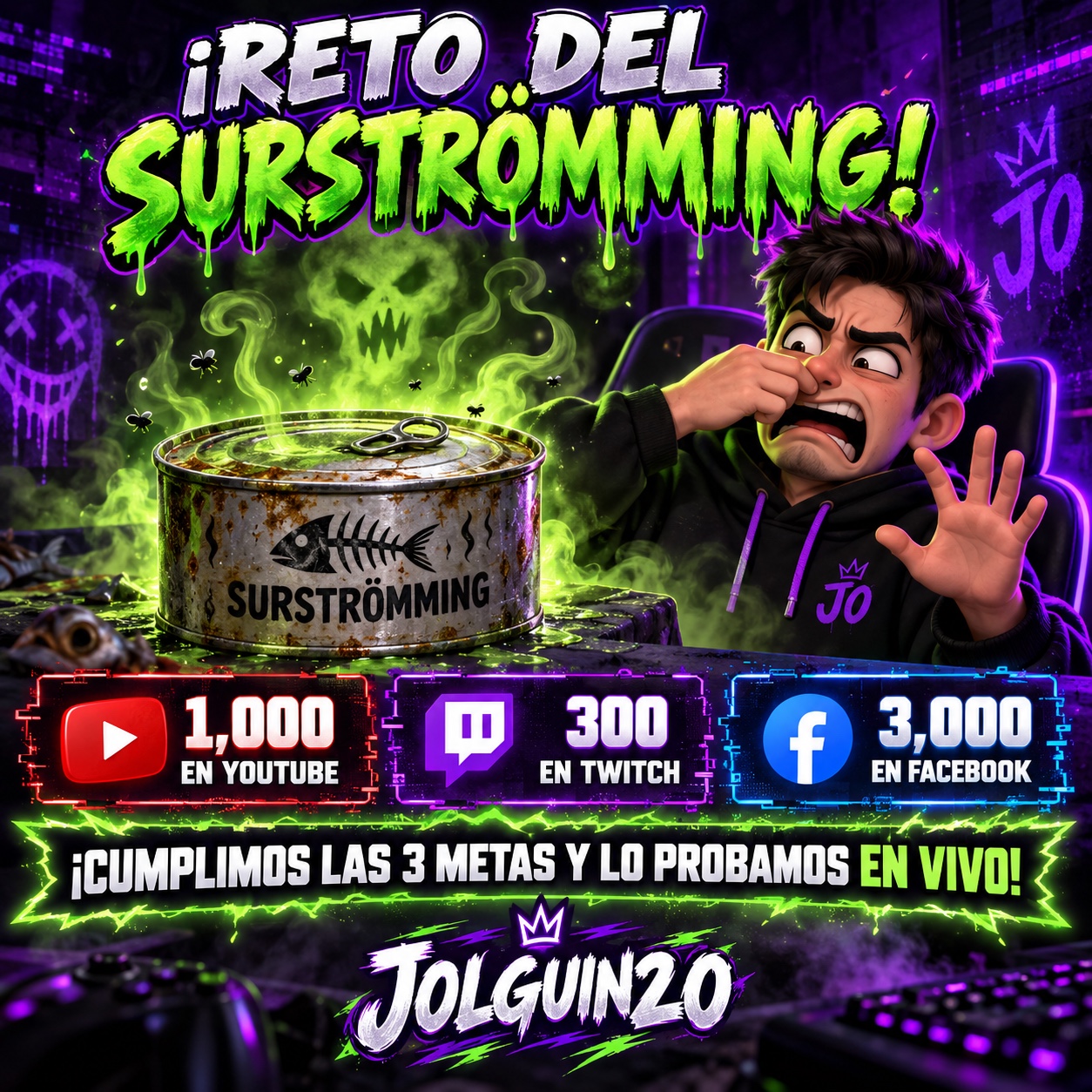 Reto del surströmming de Jolguin20: 1,000 suscriptores en YouTube, 300 seguidores en Twitch y 3,000 en Facebook para probarlo en vivo.